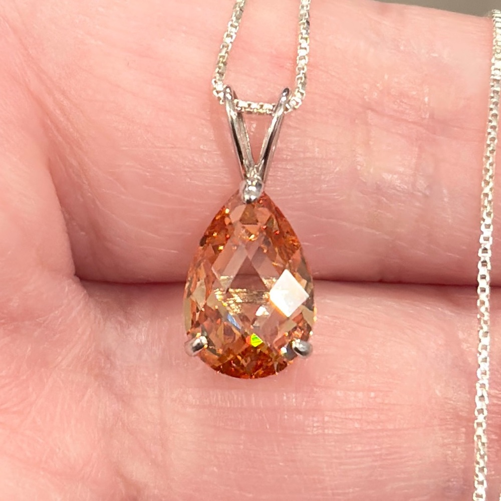 14K Citrine Teardrop Pendant, White Gold, Rose Pear Cut, Yellow Orange Cognac - Picture 1 of 16